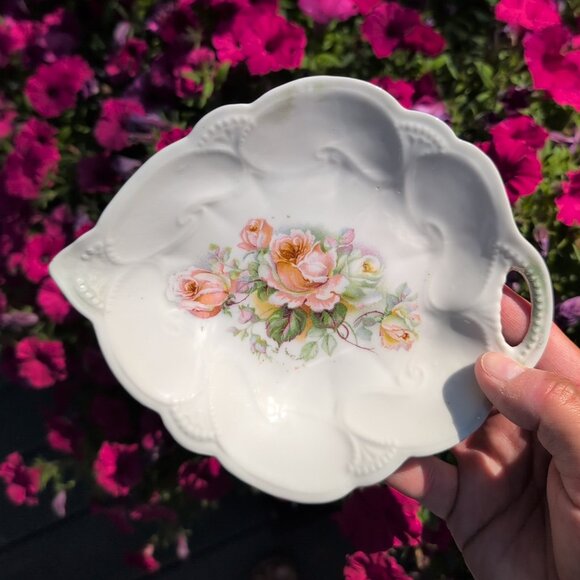 Other - Antique Small 7" Leaf-Shaped Dish with Pink Roses Germany 89